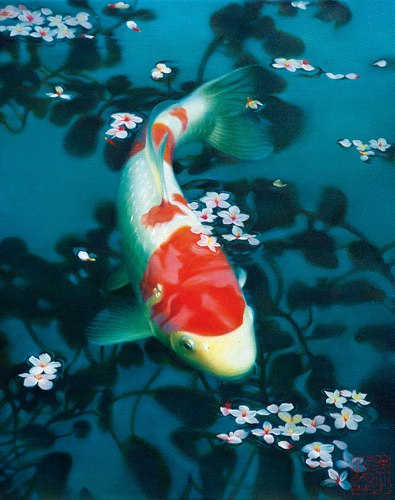 Zhenya Li, Koi mit Kirschblüten 40 × 50 cm Öl auf Leinwand Zhenya Li, Koi mit Kirschblüten 40 × 50 cm Öl auf Leinwand